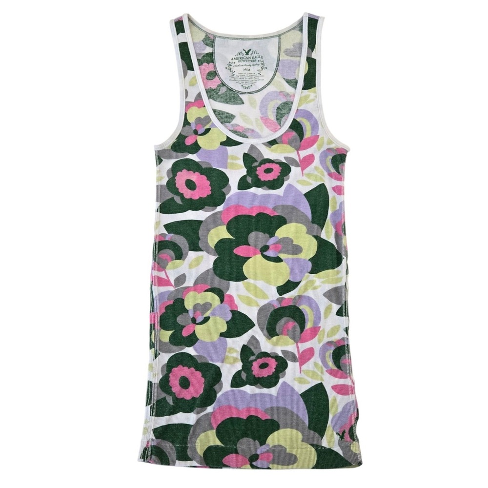 American Eagle Floral Ribbed Tank Top Womens Medium Green Pink Purple Retro Y2K
